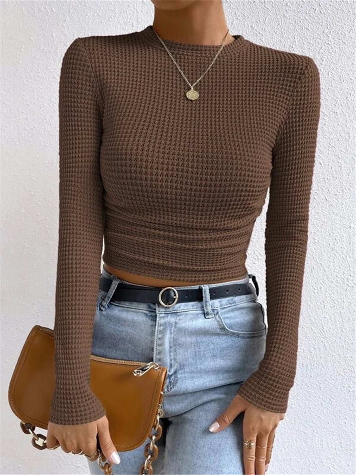 Sage | Women's Fitted Waffle Knit Long Sleeve Top - Image 12
