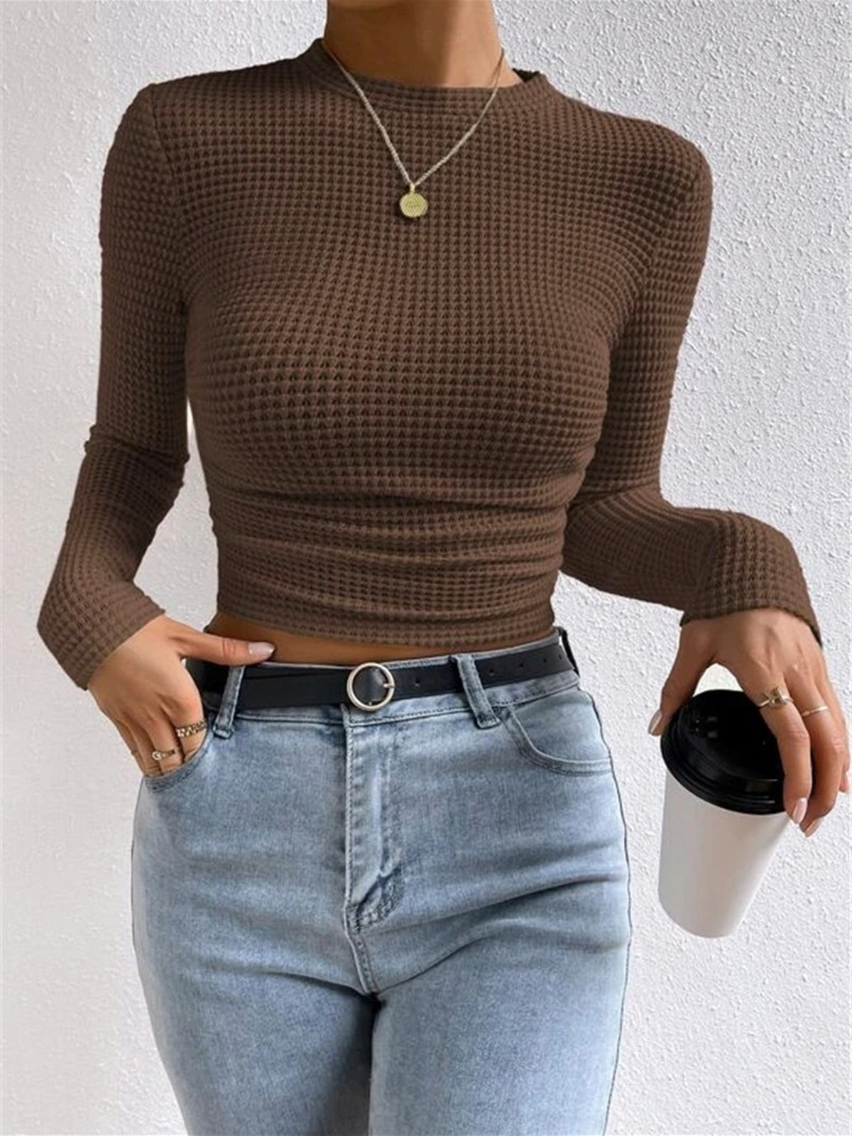 Sage | Women's Fitted Waffle Knit Long Sleeve Top